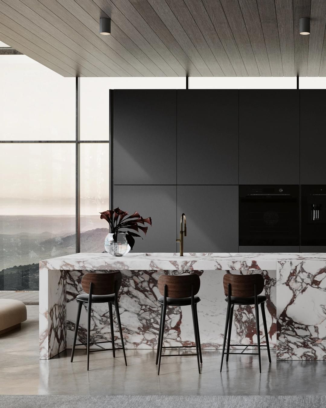 A Kitchen with A Marble Counter Top and Stools — Thats Tops by Design in Taminda, NSW
