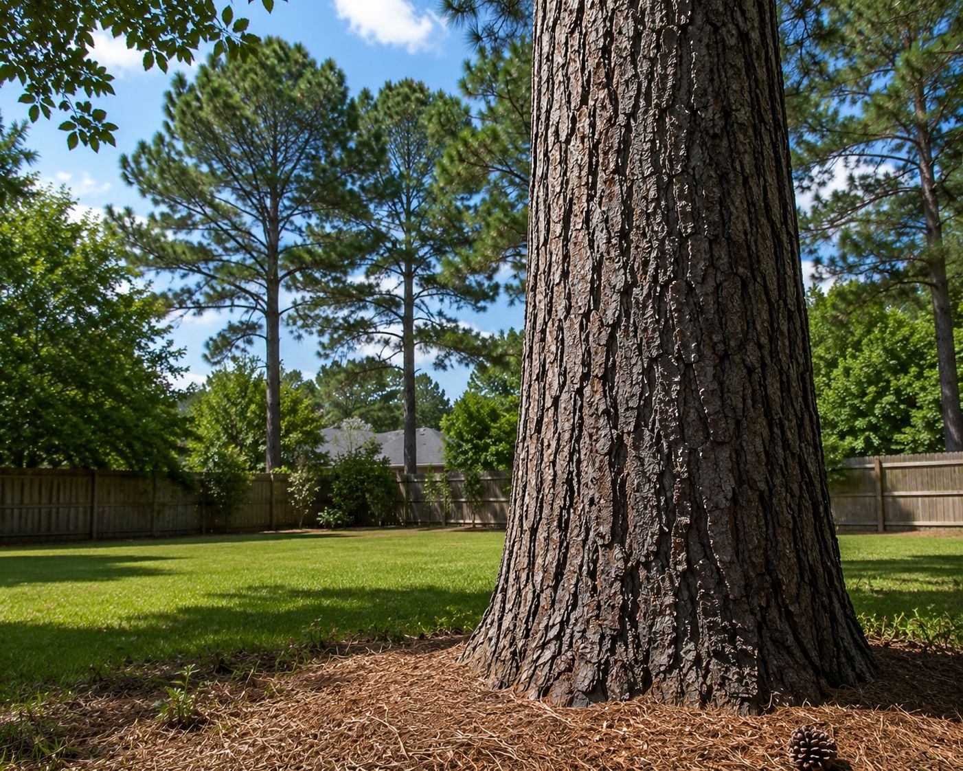 Large tree trunk in a sunny backyard with green lawn, fence, and pine trees under a blue sky