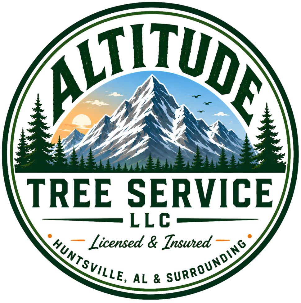 Altitude Tree Service LLC logo with mountain, trees, and Huntsville, AL text