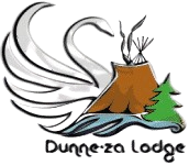 A logo for a lodge with a swan , tent , and tree.