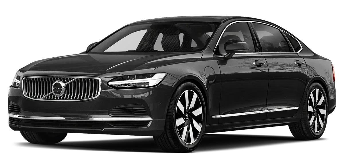 A grayscale Volvo S90 sedan, angled slightly, showcasing its front and side profile against a white background.