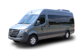 Gray Mercedes-Benz passenger van. Side view, parked on a white background.