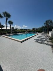 Outdoor swimming pool with lounge chairs, palm trees, and clear blue sky