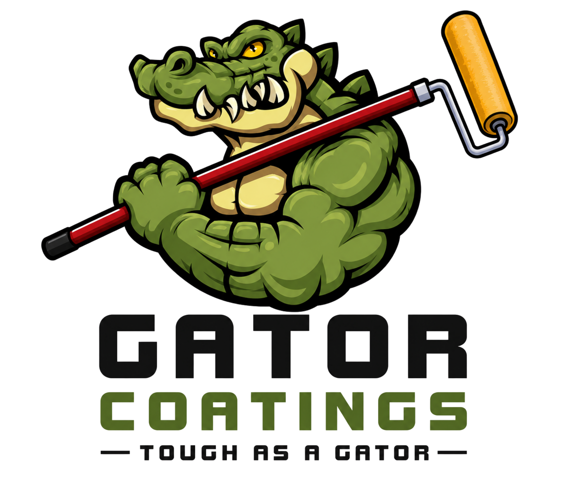 Green alligator mascot holding a paint roller above Gator Coatings logo and tagline “Tough as a gator”