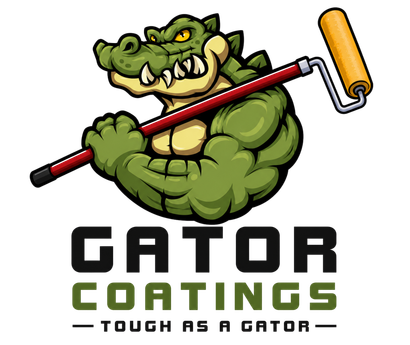 Green alligator mascot holding a paint roller above Gator Coatings logo and tagline “Tough as a gator”