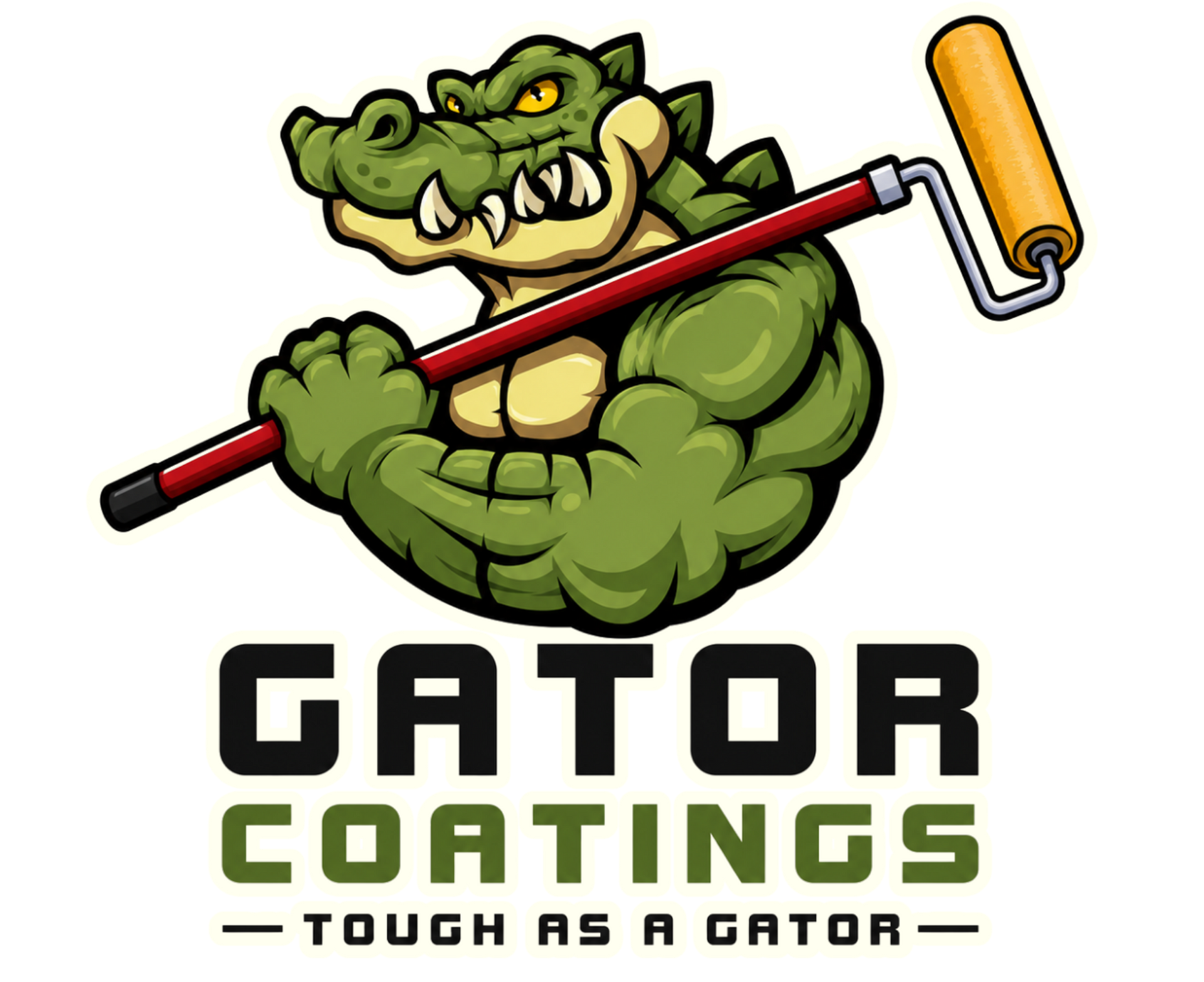Green alligator mascot holding a paint roller above Gator Coatings logo and tagline “Tough as a gator”