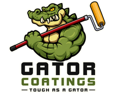 Green alligator mascot holding a paint roller above Gator Coatings logo and tagline “Tough as a gator”