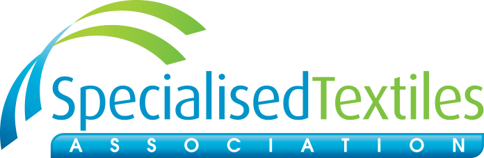 A blue and green logo for specialised textiles association