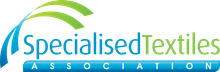 A blue and green logo for specialised textiles association
