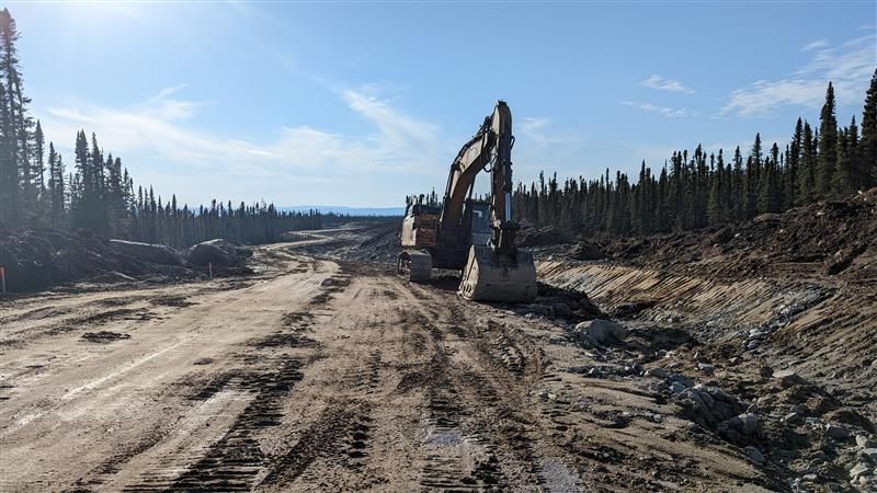 Une excavatrice sur un chemin de terre dans une forêt déboisée, avec des troncs et des souches de part et d'autre sous un ciel bleu.