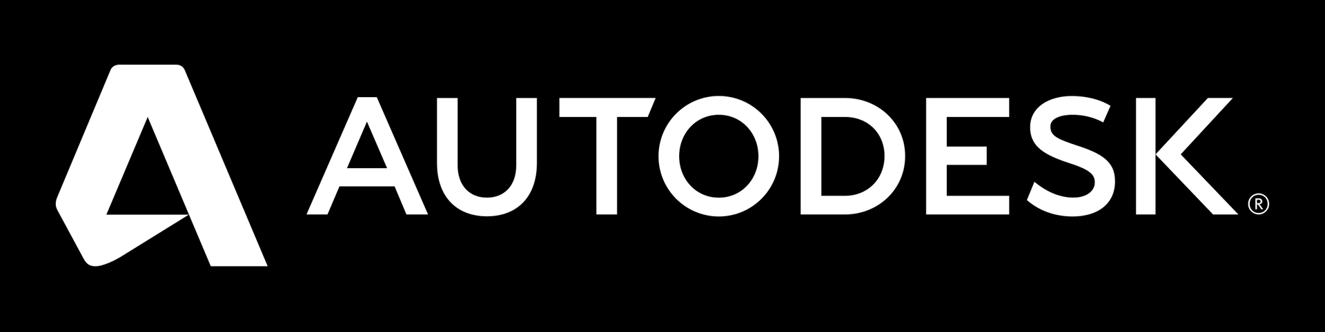 Logo Autodesk blanc comportant une icône stylisée en forme de lettre « A » à gauche du mot « AUTODESK » sur fond noir.