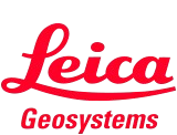 Logo rouge avec l'inscription « Leica Geosystems » en caractères gras et stylisés sur fond blanc.