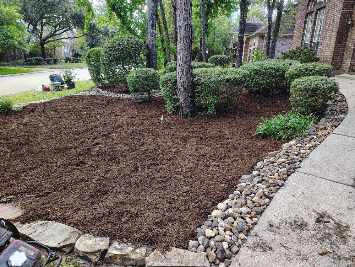 Brown mulch in a landscaped yard, bordered by rocks and concrete. Trees and green bushes are present.