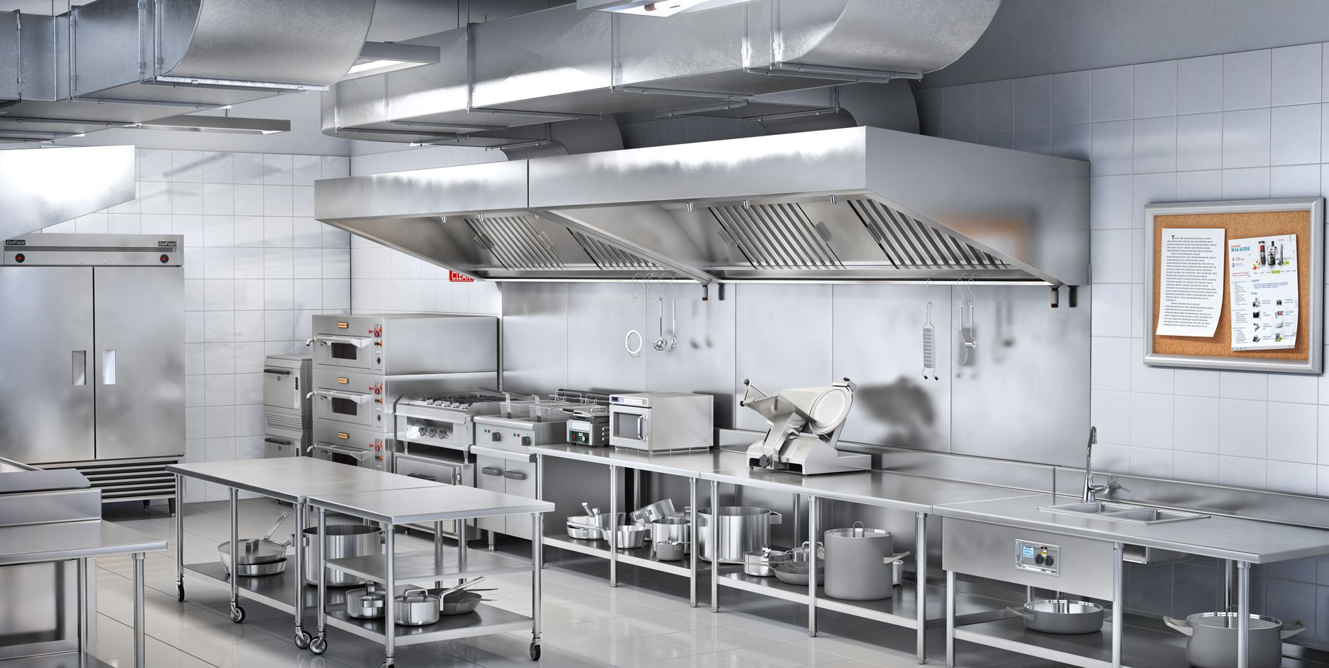 A large kitchen with a lot of stainless steel appliances