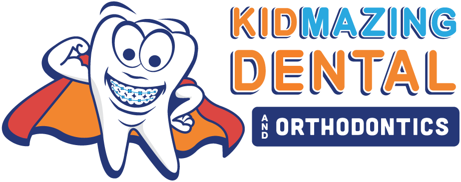 The logo for Kidmazing Dental and Orthodontics shows a tooth wearing braces and a cape.