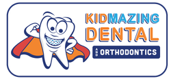 The logo for kidmazing dental orthodontics shows a tooth wearing braces and a cape.