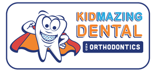 The logo for kidmazing dental orthodontics shows a tooth wearing braces and a cape.