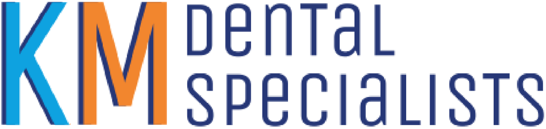 A blue and white logo for km dental specialists