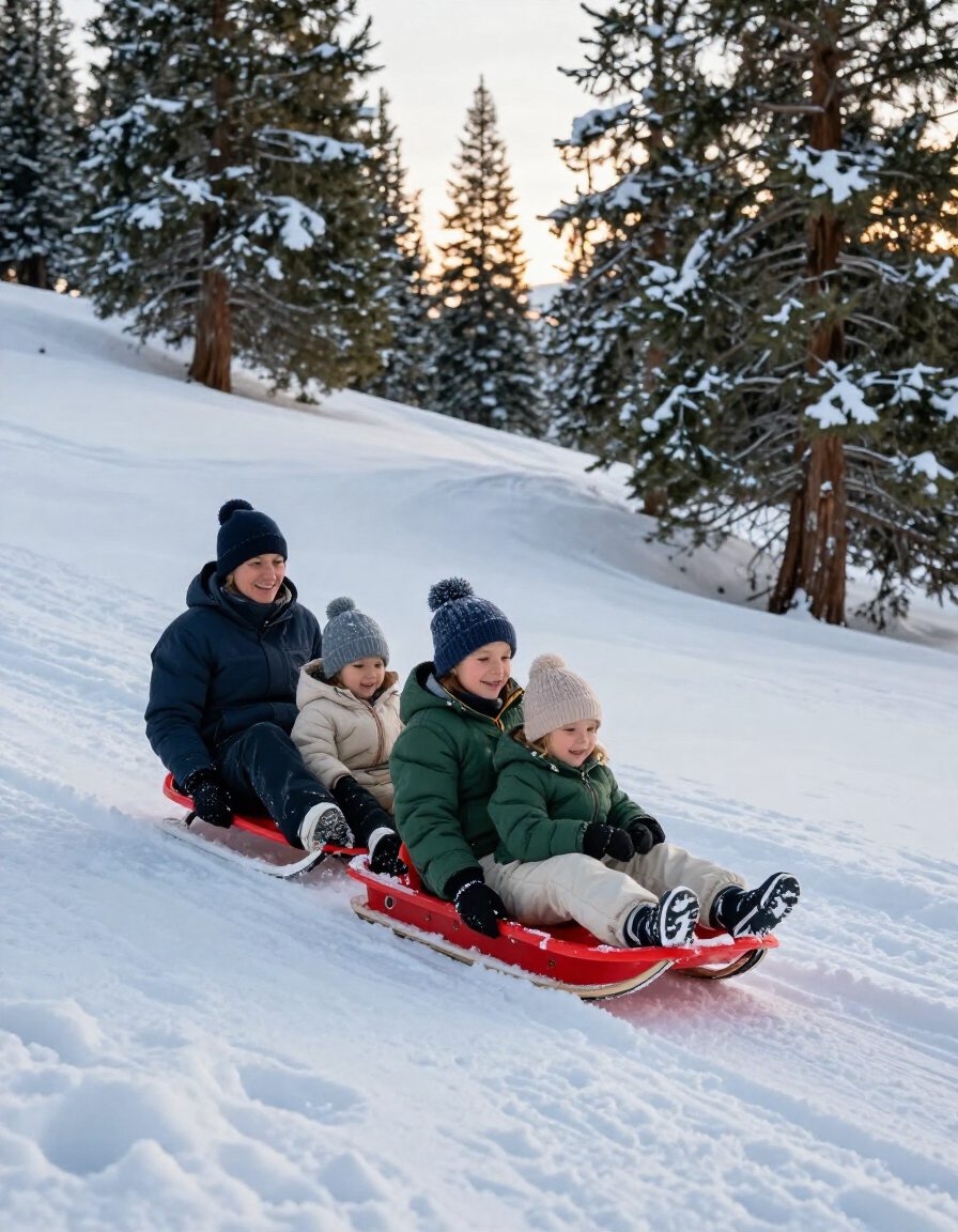 Family sledding on a snowy forest hillside