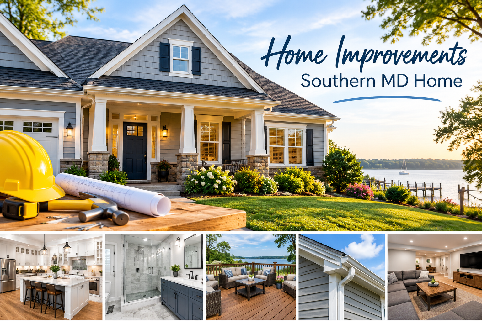 Home renovation collage showing a lakeside house exterior, kitchen, bath, deck, roof, and siding upgrades
