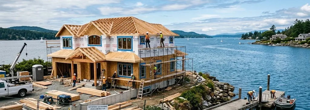 Wooden lakeside house under construction with a dock, sitting beside calm blue water and a rocky shoreline.