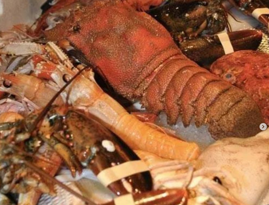 Un assortimento di aragoste vive, ammucchiate insieme, che mostrano gusci e chele di colore rosso, arancione e marrone.