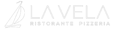 Logo minimalista bianco per LAVELA Ristorante Pizzeria con icona di una barca a vela.