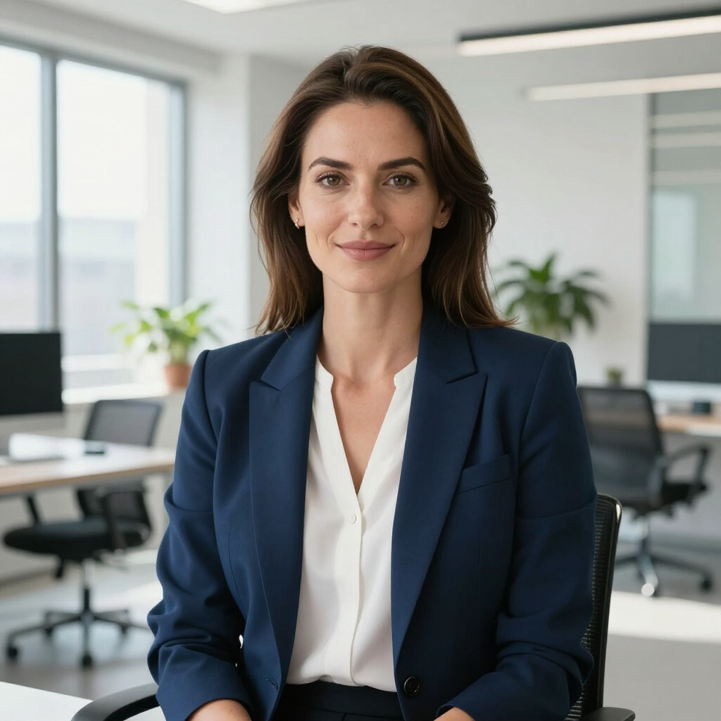 Woman in a navy blazer seated in a bright modern office, facing the camera with a slight smile