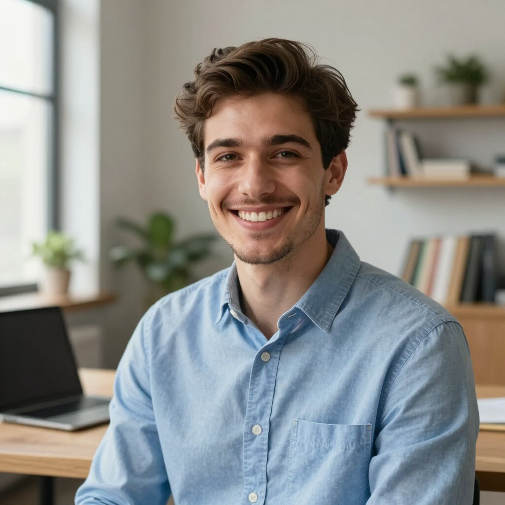 Smiling person in a light blue shirt seated in a bright office with a laptop and shelves behind them