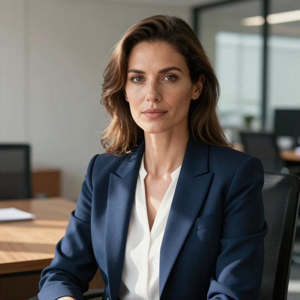 Woman in a navy blazer seated in a modern office, looking at the camera.