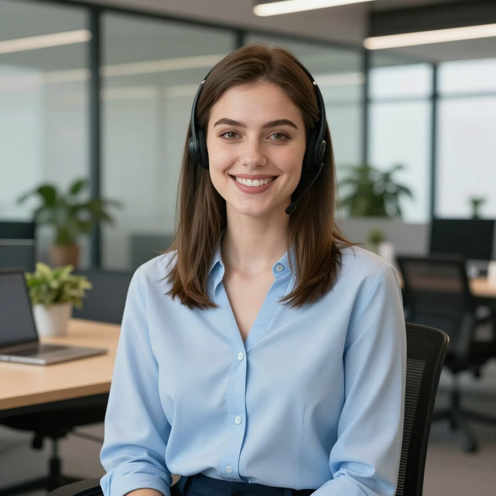 Smiling woman in a blue blouse wearing headphones, seated in a modern office workspace