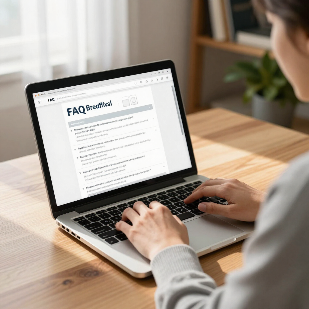 Person typing on a laptop displaying a FAQ page at a wooden desk