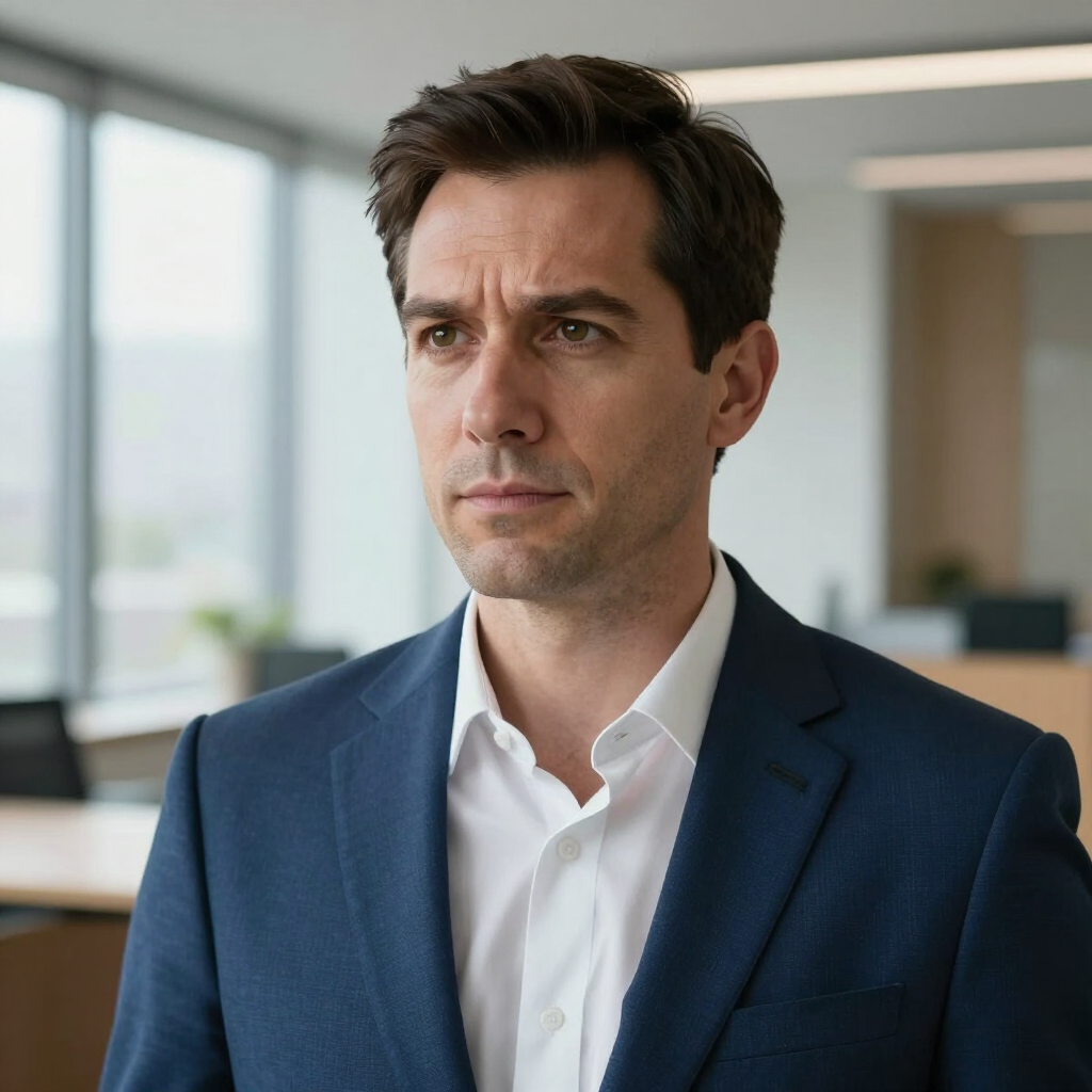 Man in a navy suit and white shirt in a bright office, looking seriously ahead