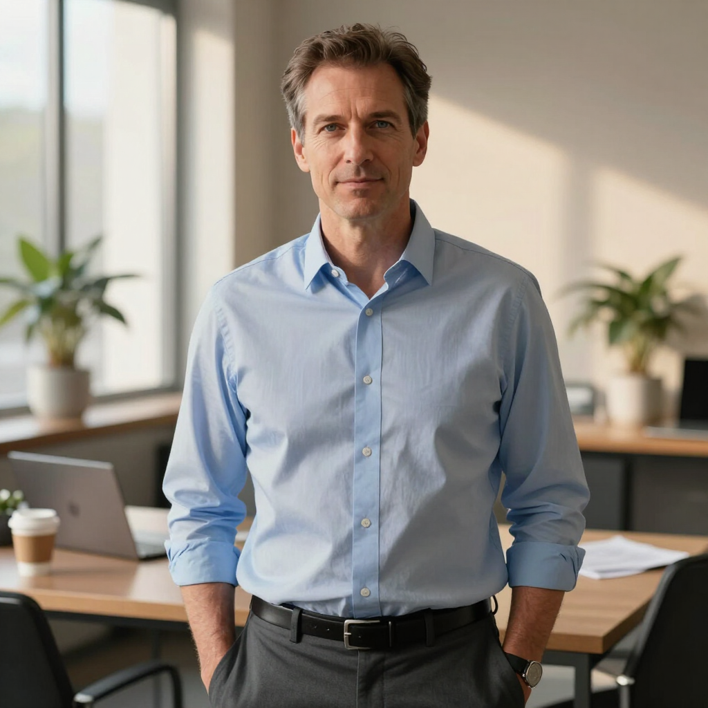 Man standing in an office with hands in pockets, wearing a light blue shirt and black belt.