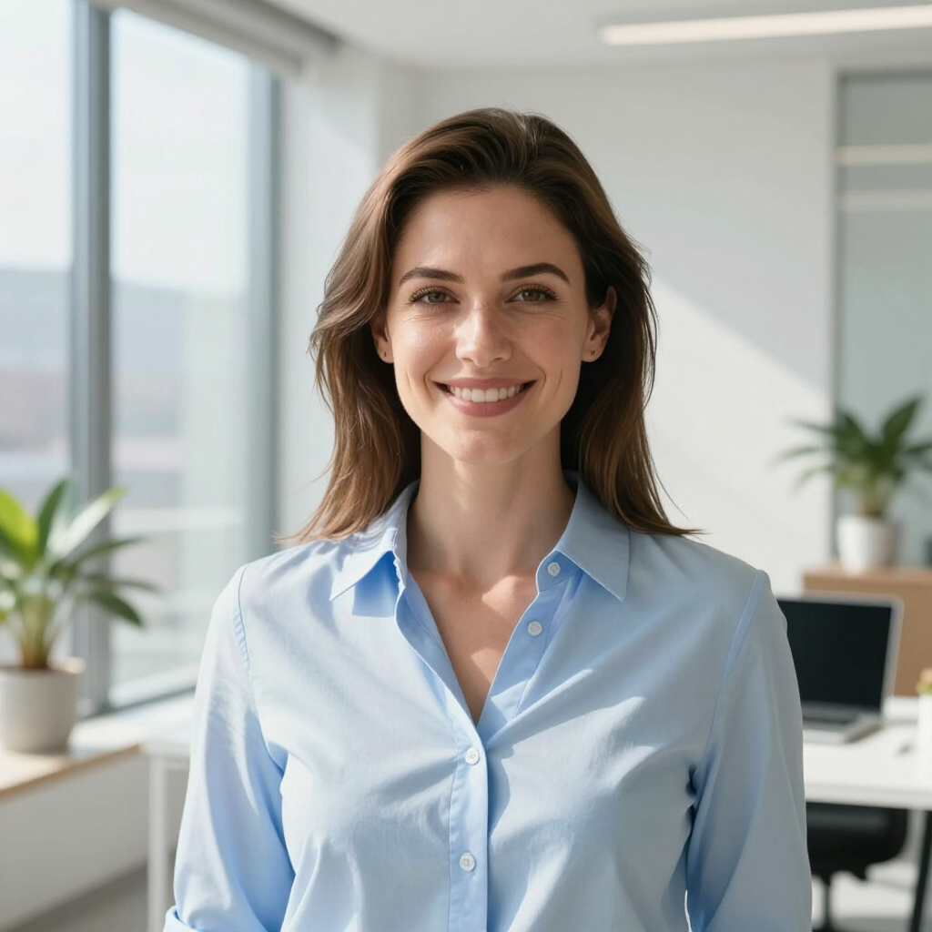 Smiling person in a light blue shirt in a bright modern office