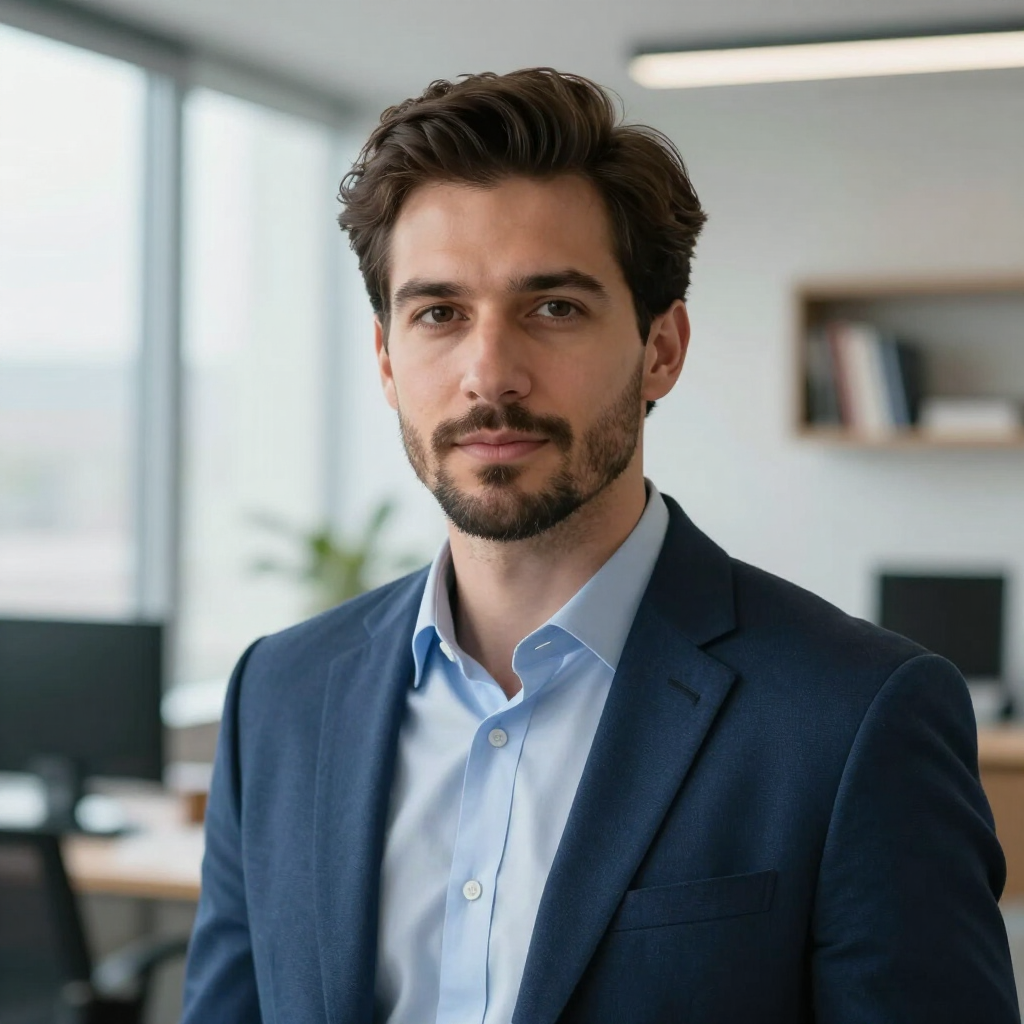 Man in blue blazer standing in a modern office, looking at the camera