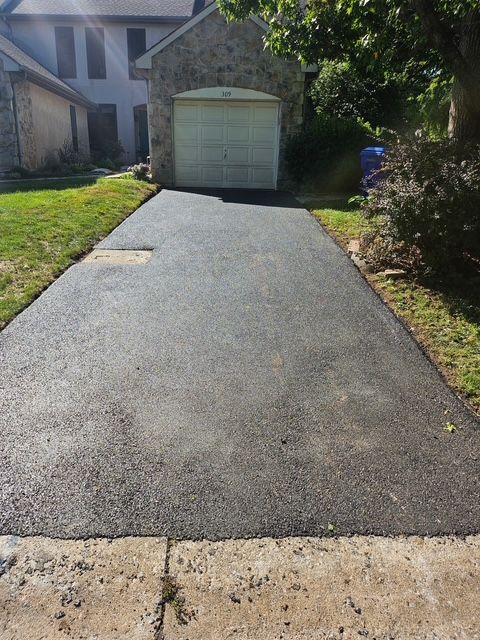 Long black asphalt driveway leading to a white garage, with grass and bushes on both sides