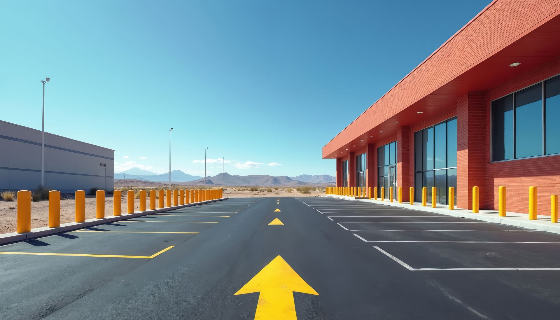 A paved parking lot with yellow bollards and a large yellow arrow on the ground, leading toward a red brick building.