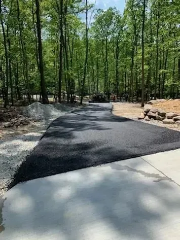 Freshly paved black driveway curving through a wooded area beside a light concrete path
