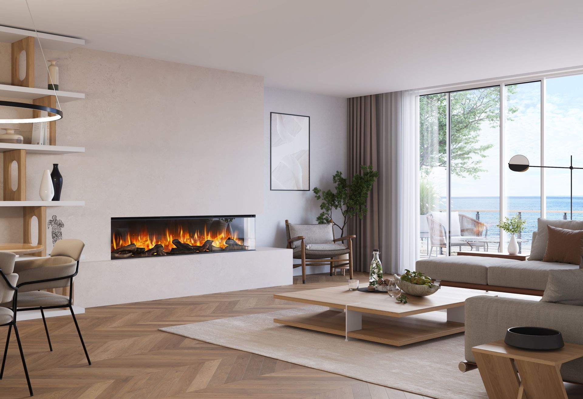 Electric fire with a coffee table in front
