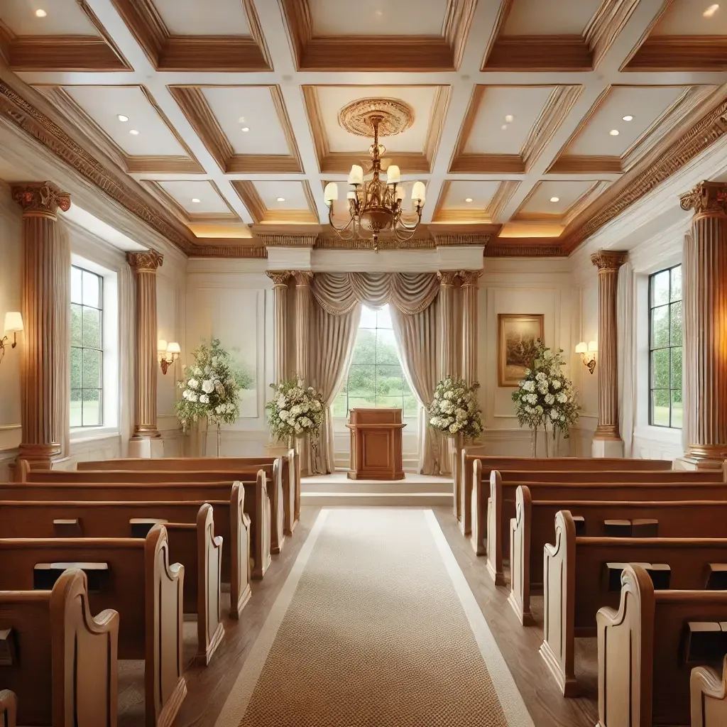 A church with rows of wooden benches and a podium