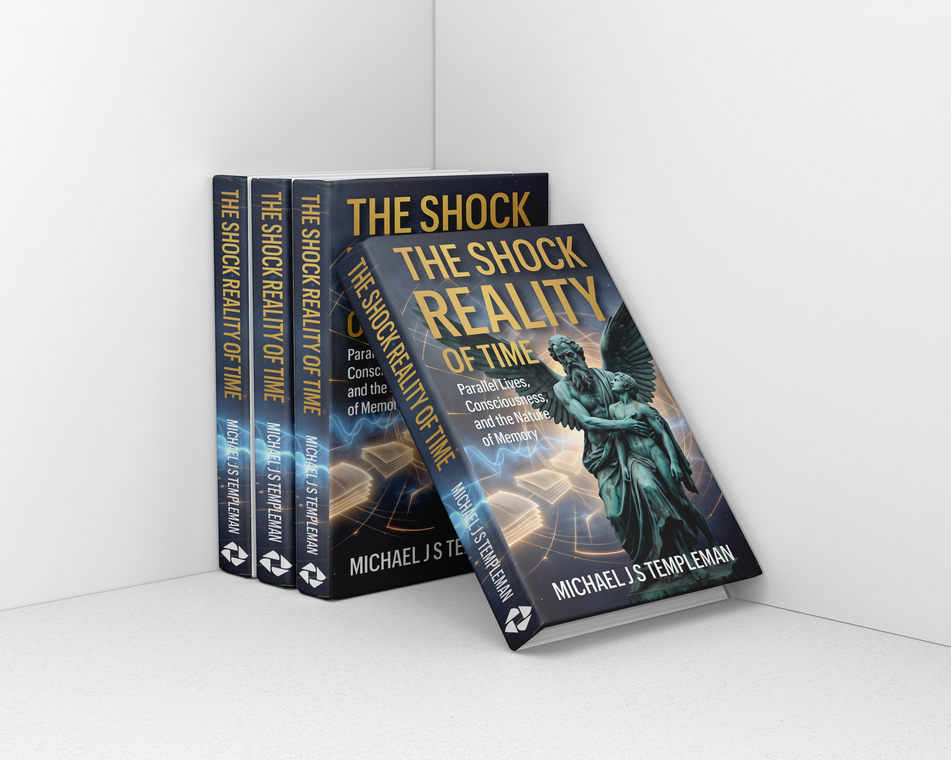 Stack of three black books with a colorful cover on a light gray background