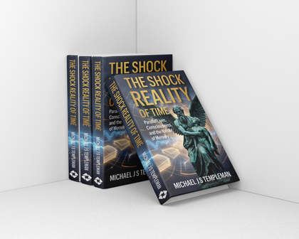 Stack of dark blue and gold book covers titled “The Shock Reality of Time” on a white background