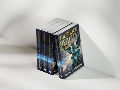 Stack of four dark-blue books titled “The Shock Reality of Time” on a white surface, one book angled forward