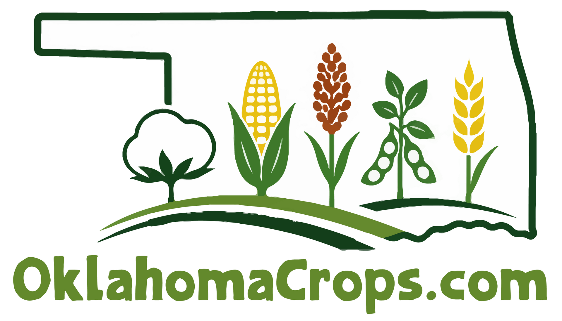 Oklahoma state outline with crops and “OklahomaCrops.com” text logo