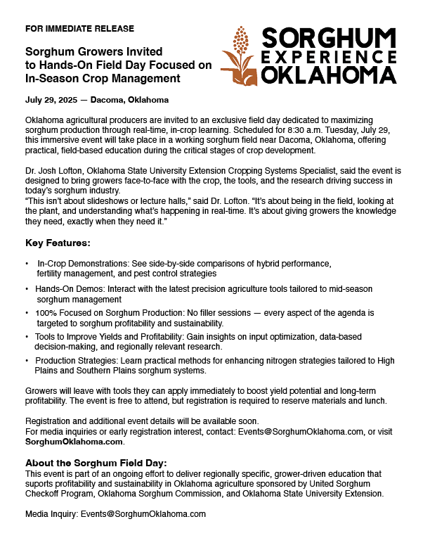 Sorghum Experiment Oklahoma flyer with logo, dense text, and bullet points on crop management.
