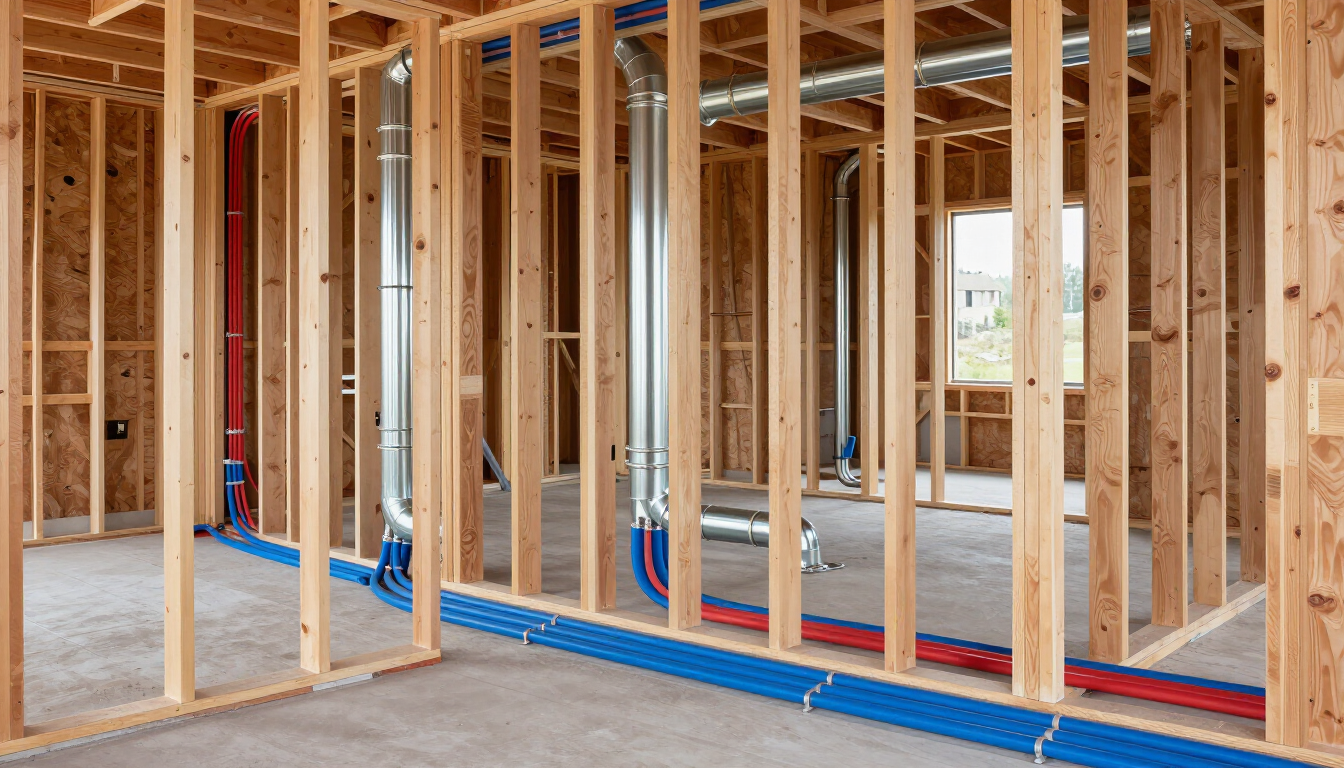 Framed house interior under construction with exposed wood studs and blue/red plumbing lines along the floor
