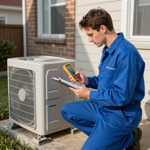 Technician in blue coveralls checks an outdoor air conditioner unit with a clipboard and multimeter.