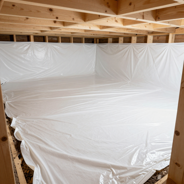 Plastic sheeting covering a room framed by exposed wooden ceiling joists and beams