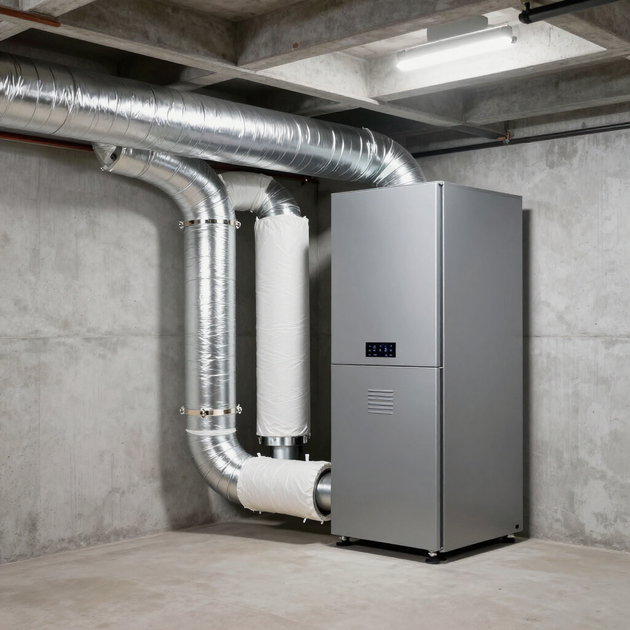 Gray HVAC unit with silver ductwork in a concrete utility room